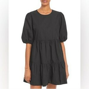 AQUA x Revolve Black cotton Puff Sleeve tiered Mini Dress size S